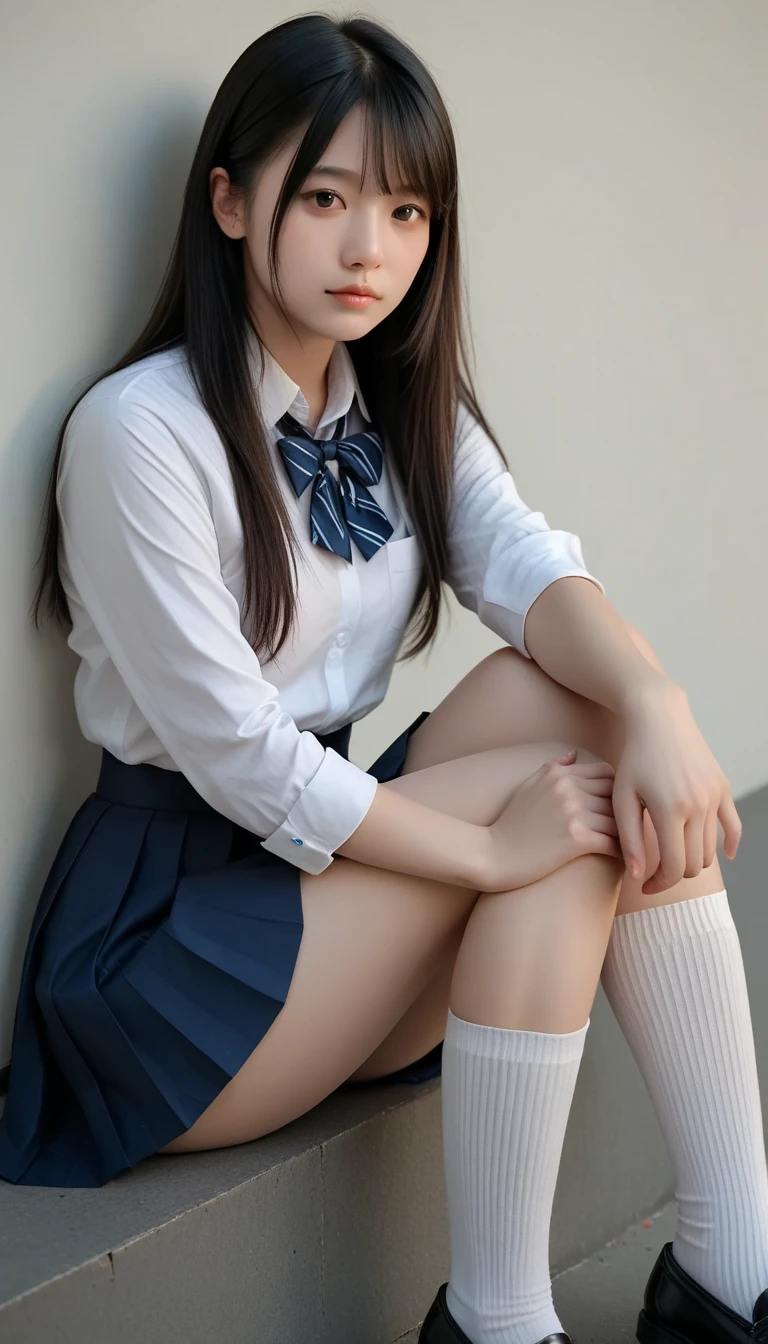 the Extremely Detailed CG Unity 8K Wallpapers、top-quality、ultra-detailliert、masterpiece、realisitic、Photo Real、extremely detailed cute girl、18year old、(High school student in Japan uniform)、(((skirt lift by yourself)))、(Lifted by the wind)、panties on、panties focus、red blush、cparted lips、looking at the viewers、Semi-body shot、(School sports ground)、(Japan high school uniform and designated shoes)、(Dark blue cardigan:1.2)、(short plaid skirt:1.5)、(Short sleeve white shirt for students)、 (neck tie:1.2)、(light brown random hair)、(see-through white panty:1.5)、(cammel toe)、(Black loafers:1.5)、(beauitful face:1.3)、(perfectly proportions:1.2)、(Long feet:1.2)、(small tits:1.3)、(Panties can be seen from under the skirt:1.3)、(Textured skin)、