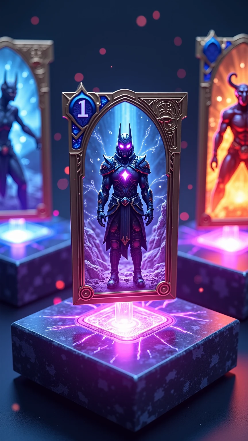 A collection of ultra-rare character game cards displayed on a glowing obsidian pedestal, each card floating slightly above the surface with soft ambient light. One card is front and center — a mythical armored warrior with glowing sapphire eyes, standing in a storm of shattered glass and lightning, surrounded by arcane sigils. The card has holographic foil edges, alternative surreal artwork, and an exclusive iridescent purple-gold colorway. Other cards in the background feature a cyberpunk samurai, a celestial mage with flowing star-dust robes, and a neon beast bursting out of its frame. The environment is a futuristic collector's vault with shimmering reflections and digital particle effects swirling through the air.