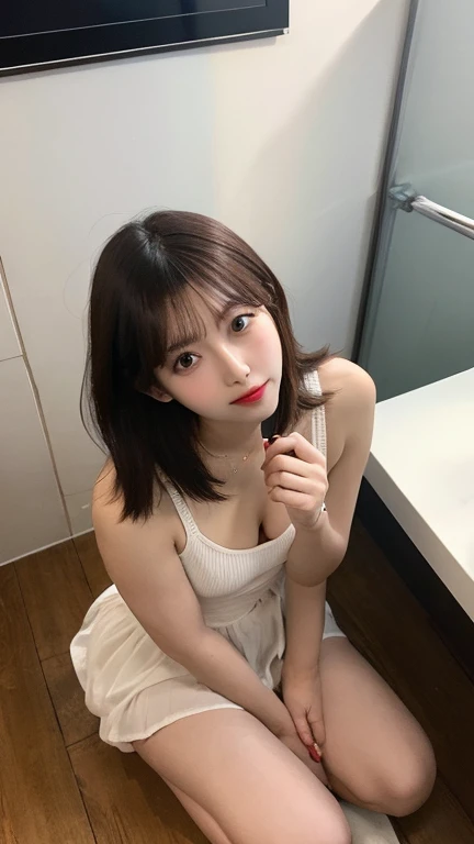 ((highest quality, 8k, Tabletop: 1.3, RAW Photos)), Sharp focus: 1.4, (1. AESPA Girl :1.1), alone, (Realistic, Realistic: 1.37), (Face Focus: 1.2), Cute face, Ultra detailed face, Short, unkempt hair, Small breasts, Flat Chest, nude, Chiffon panties, Hotel,