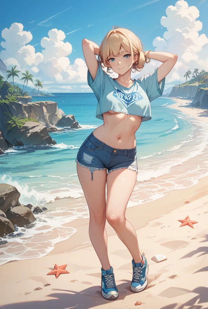 (highest quality, High resolution, perfect pixel, Depth of bounds written, 4K), from front, beach, detailed eyes, (1 lady), tall, (skinny body:1.2) , (thin thighs:1.2), (small butt), large breasts, blond hair, (ponytail:1.2), yellow, (denim short pants bikini:1.2), (cross halter), (strap shorts:1.2), (standing), left Hand on Hip, (light smile), blush, sweat,