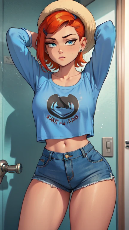 work of art, best qualityer, 1 girl, standing alone, It is, nice It is, from front view, de pIt is, warm lighting, presumptuous, gigantic breastss, focus on tits, chest window, seios Kales, ((arms behind the back)), face detailed, Detailed greeneyes, face detailed, greeneyes, perfects eyes, face perfect, Kale, Starfire, muscular, extremamente musculoso, flexion, tanned, tanned skin, from front view, gazing at viewer, Shorts jeans, top cut, Red hair, Inside the house, inside the chic room, red wallpaper, presumptuous face, presumptuous grin, presumptuous expression, arms behind the back