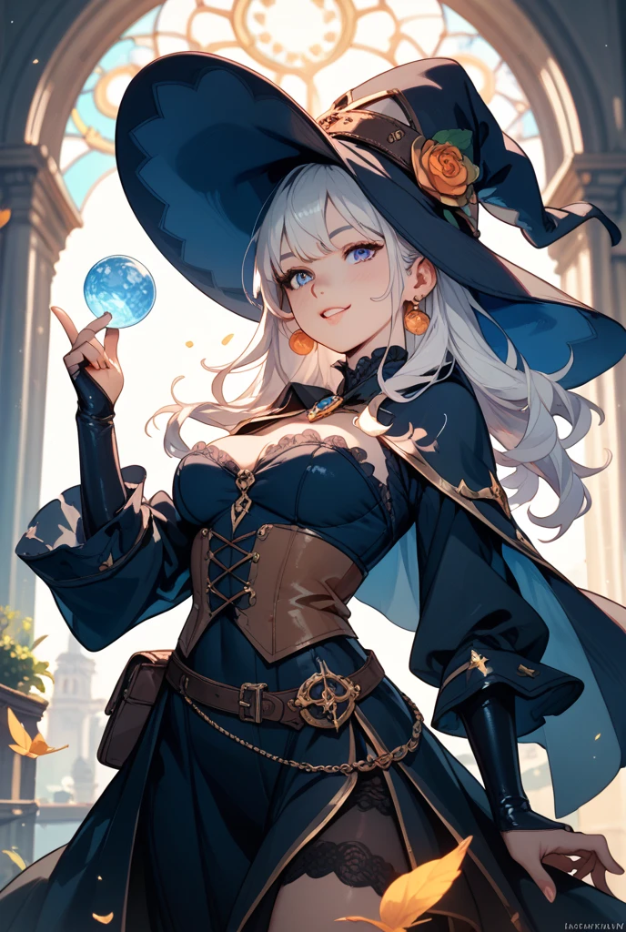 Fantasy,Magical Power,Realistic Girl Witch、Chubby、Big Breasts、Anime Style、Circular glass medieval street