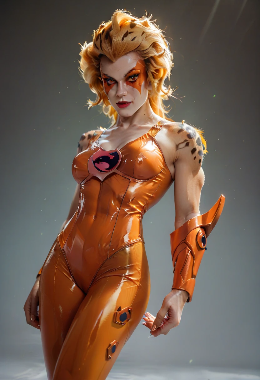 masterpiece, best quality, (upper body:0.5), solo, <lora:CARTOON_cheetara_aiwaifu-10:0.9>, cheetara_armor_aiwaifu, aiwaifu,choker,staff,blonde hair,makeup,lipstick,long hair,leotard,jewelry,bracelet,brown eyes,bodysuit,facial mark,large breasts,cleavage,facepaint,colored skin,eyeshadow,lips,red lips,collarbone,orange hair,orange leotard,knee boots,tank top,yellow skin,claws,colored sclera,covered navel,muscular,abs,armor, realistic, photo-realistic,specular details,ultra-detailed, highly detailed, well defined objects, 8k uhd, dslr, soft lighting, high quality, Fujifilm XT3, (high detailed skin:0.3), (absurdres, highres, incredibly_absurdres:0.2),scenery,masterpiece,