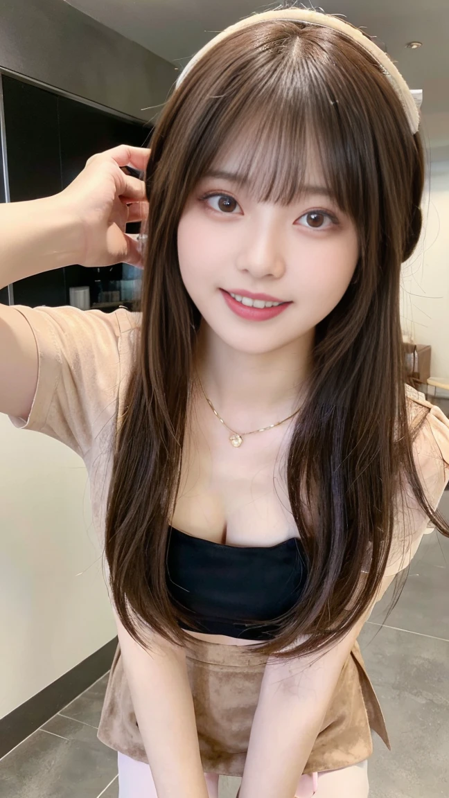 A beautiful Japanese shy girl, age 18 years old, long brown hair, brown big eyes, shiny lip, shiny hair, ecstatic expression, wearing sleeveless white blouse, mini skirt, The background is very blurry, in living room wearing neckless,