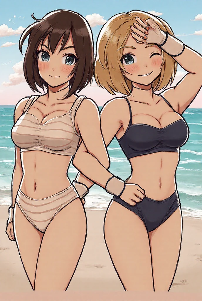 Two girls in sexy thong posing short hair