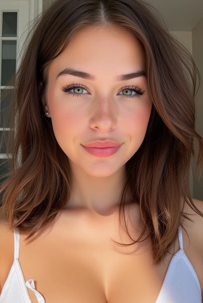 High detail, high quality, 20 year old European woman, dark short messy auburn hair, dimples, bangs, hazel eyes, pov, full body