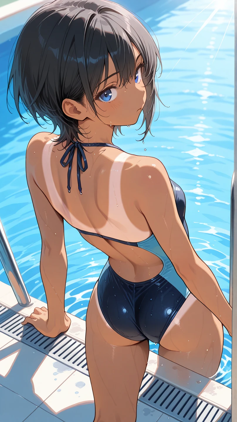 ((tanned young woman), ((short black hair, blue colored eyes,)), fine and clean smile, (( breasts showing, hardnipples, sexy red and navy blue swimsuit cavsdo in the ass and tight pussy )), red lipgloss stick, (( standing backwards, showing her ass and shaved pussy, looking at the camera)), Masterpiece artwork, high qualiy, 8 K. back-illuminated))
