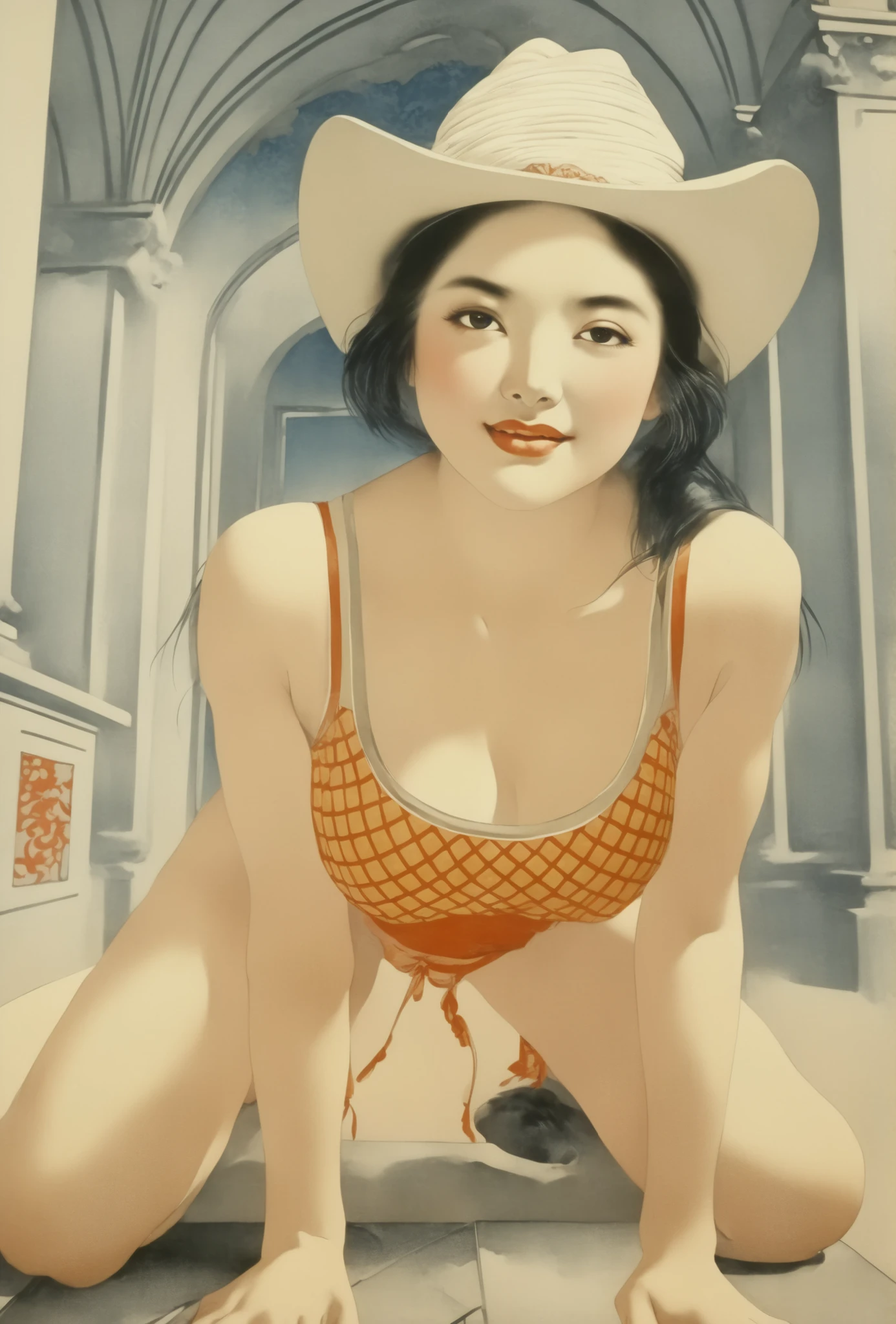 masterpiece, best quality, ukiyo-e:1.2, in hokusai style, a beautiful 20s russian model, ultra detailed face