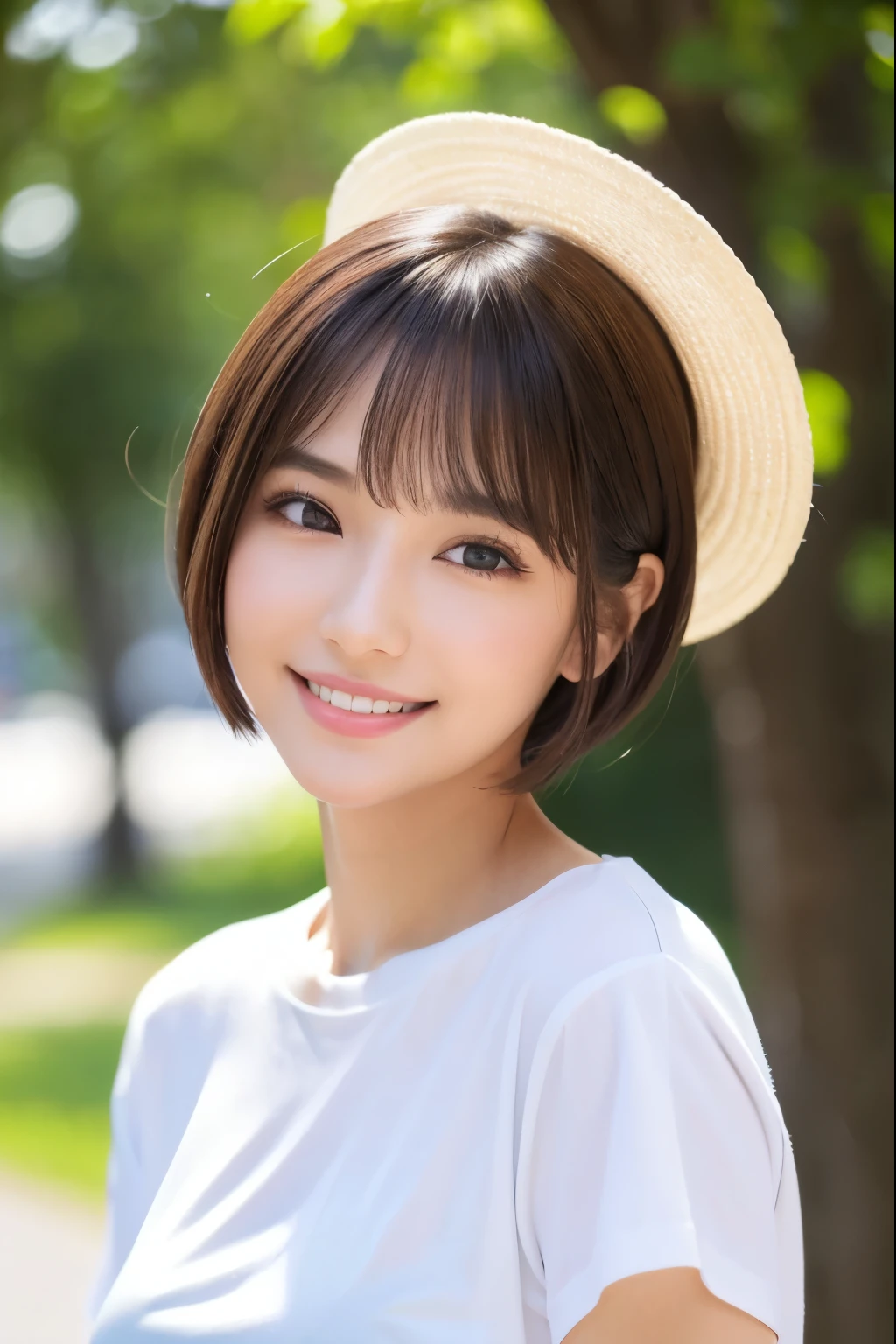 ((highest quality))、(masterpiece:1.4)、Raw photo、8k、((best image quality))、 ((High resolution))、Beautiful face in every detail、realistic human skin、gentle expression、(one woman:1.3 )、realistic、Photoreal、(extra belly short hair:1.4)、(Beautiful woman)、(cute japanese girl)、(boyish:1.35)、((mannish))、((Beautiful woman))、(beautiful hair)、((dark brown hair))、(((red cheeks)))、((sheの目は大きいです))、20 year old beauty、(sheの顔は小さいです:1.7)、small head、((long neck))、white skin、spotless skin、With bangs、Everyone longs for、日本のBeautiful woman、Eight-headed height、(((date)))、((she))、(necklace)、(music festival:1.4)、blue sky、looking at camera、(concert t-shirt)、smile、(oversized clothes:1.3)、happy look、