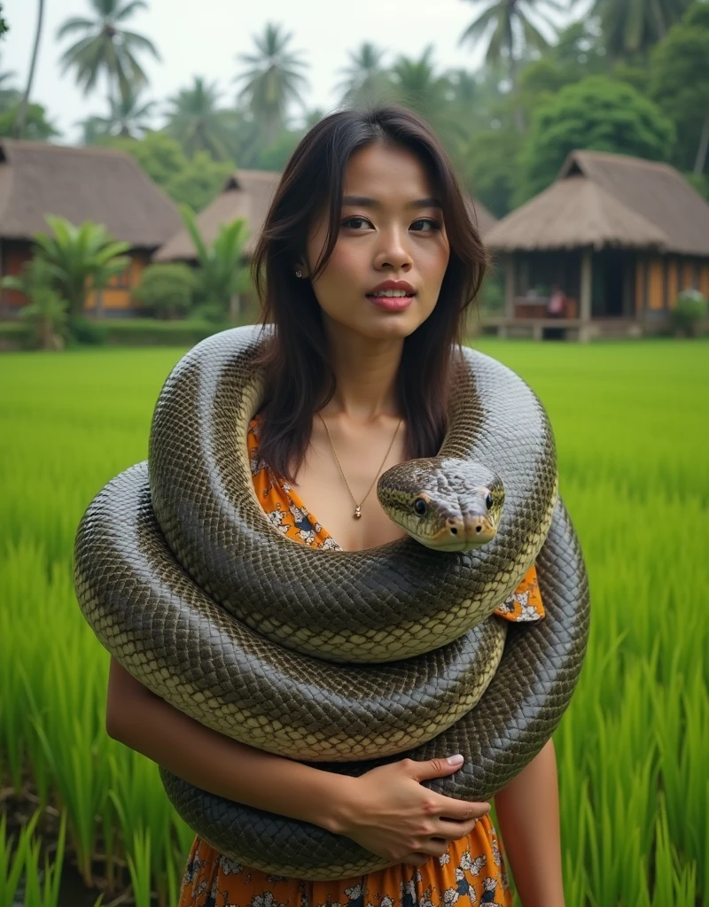 Happy Horny, aroused 1girl), beautiful kneeling Filipino young teen girl with giant colossal black titanboa squeezing her hard, wrapped in thick spiraling coils, constricted, struggle, gasping for air, snake attack, snake peril, moonless night, dim light
