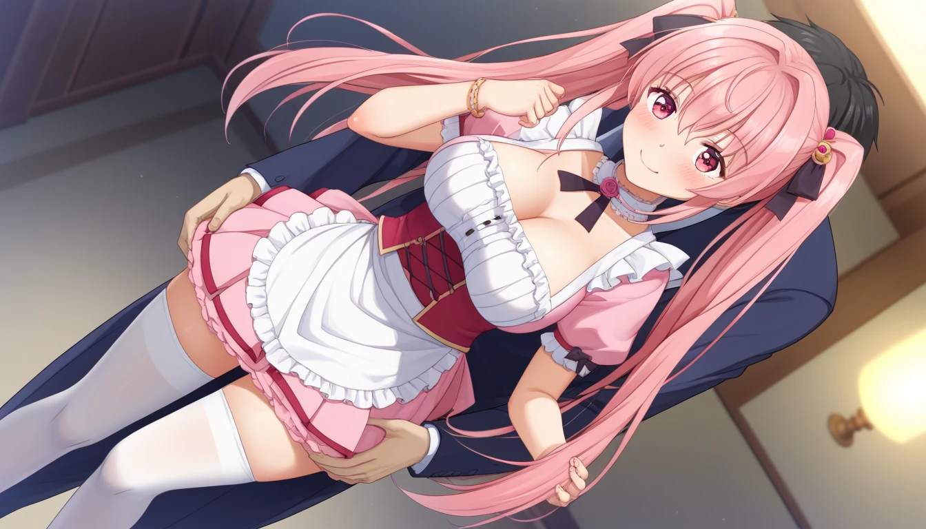 Browsing Caution:1.1,masterpiece:1.3,Detailed and beautiful depiction 1.3,Official Art,Beautiful adult woman ,Megurine Luka,Pink long hair,blue eyes,Large Breasts,Feels good and blushes,be happy,Inserted and climaxed,Maid clothes,Cowgirl insertion sex,Short penis in vagina,Shaking breasts,Massage the breasts,Pink nipples,sit,Bedroom