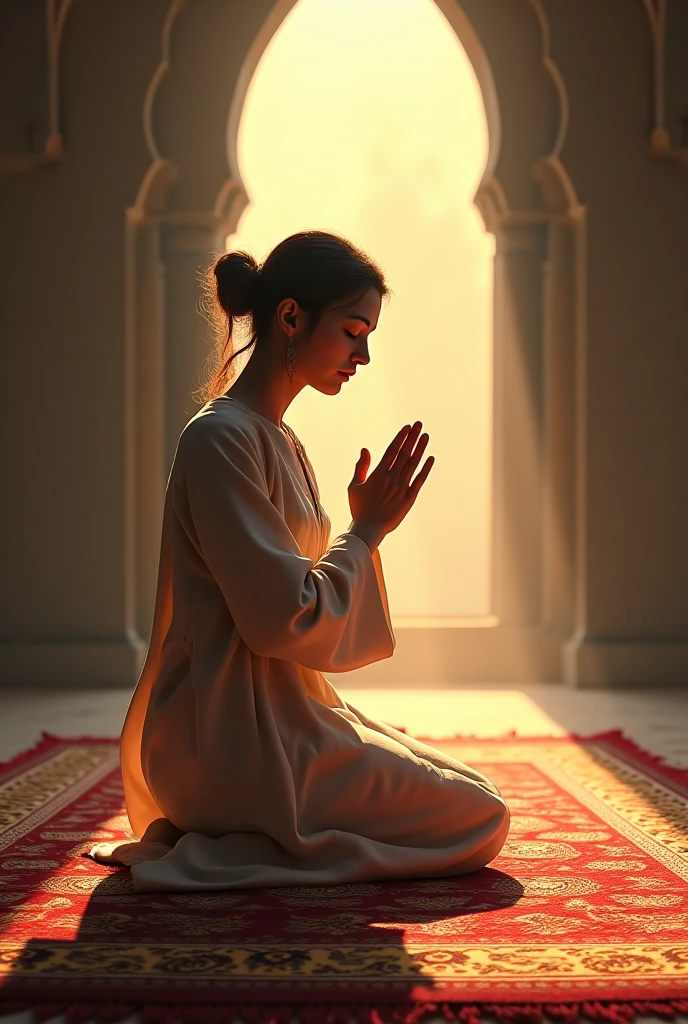 An indian beautiful young women wearing white punjabi top with long thick black hair braided upto her waist and her head covered with veil praying to God on her knees with her hands praising God