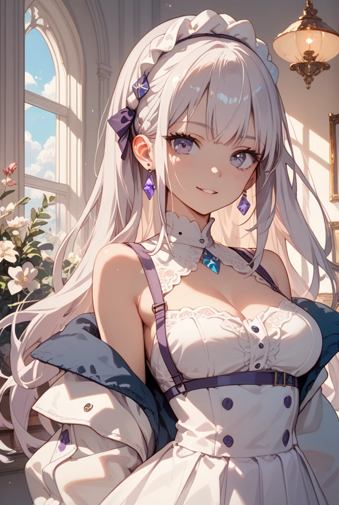 masterpiece, Best quality at best, A highly detailed, illustratio,(1girl),Beautiful detailed eyes, viewer, close-up, (breasts focus), White hair, shyness, cat ear, White Queen Dress, stocklings, Garter, blue eyess, thighlet