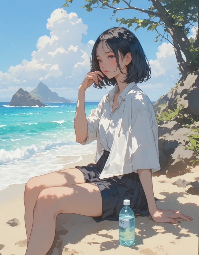 A woman is sitting on a towel and drinking a coconut drink, In the style of digital illustration, stylized digital illustration, Just a joke, Great illustrations, lo-fi girl, Chill Hop, Relaxing concept art, Beautiful digital illustrations, Relax on the beach, Beautiful digital art, Illustration Style, Beautiful artwork illustration, Exquisite digital illustrations, Detailed digital illustration, Lofi Art
