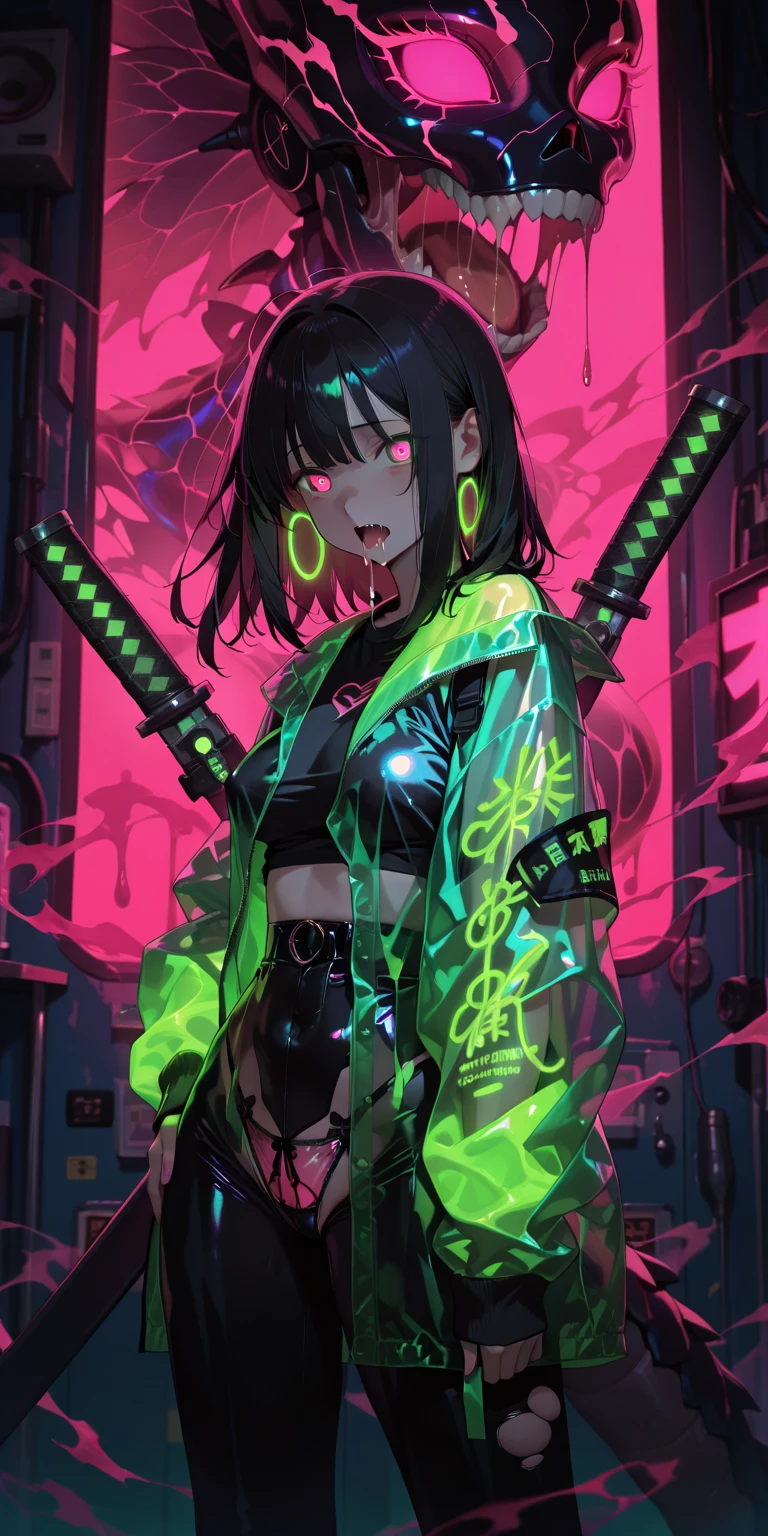 Cyberpunk anime girl , chained her, stylish pose, bold look, neon green and pink touch, glow_in_the_dark, holographic, visibly flowers and chains around her, stylish hair, black_tinted_sunglass, ((perfect shapes sunglass)), griffti wall background, dramatic light
