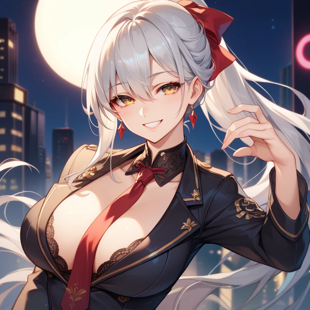 Shenhe, tight outfit, voluptuous, seductive, 1girl, smiling, hair over one eye,night city view,  realistic, best quality, masterpiece, ultra detail, ultra high res, extreme detail, 8k