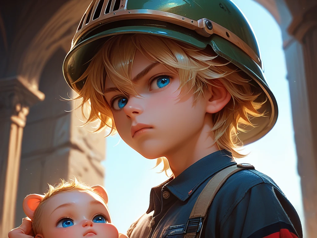 The child looked happily and saluted the firefighter's father --auto --s2