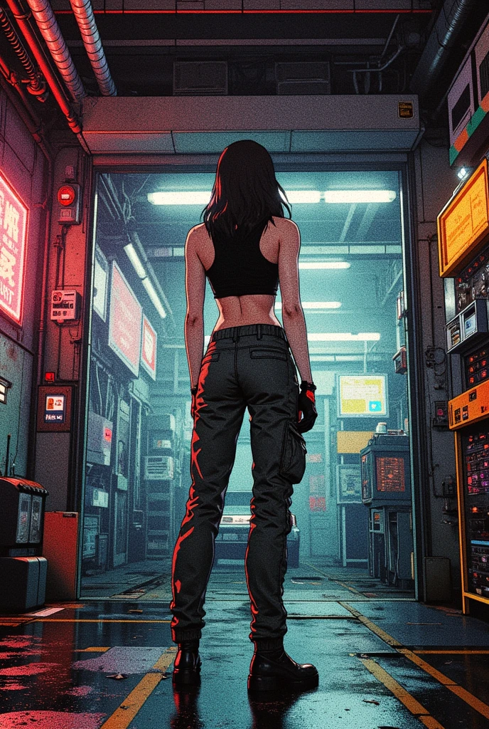 Cyberpunk style messy room. A strong man holding a huge bucket of water to drink,More neon. Many machines of unknown purpose. Large windows create an open feel. it's sunny outside. Hatsune Miku sitting on a chair..