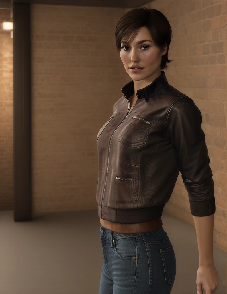 <lora:Mad1pa1:1> mad1pa1 woman, 1girl, standing, dark brown leather jacket, jeans, short brown hair, cgi, 3d, render, realistic, sharp detail, hd, best quality, background,