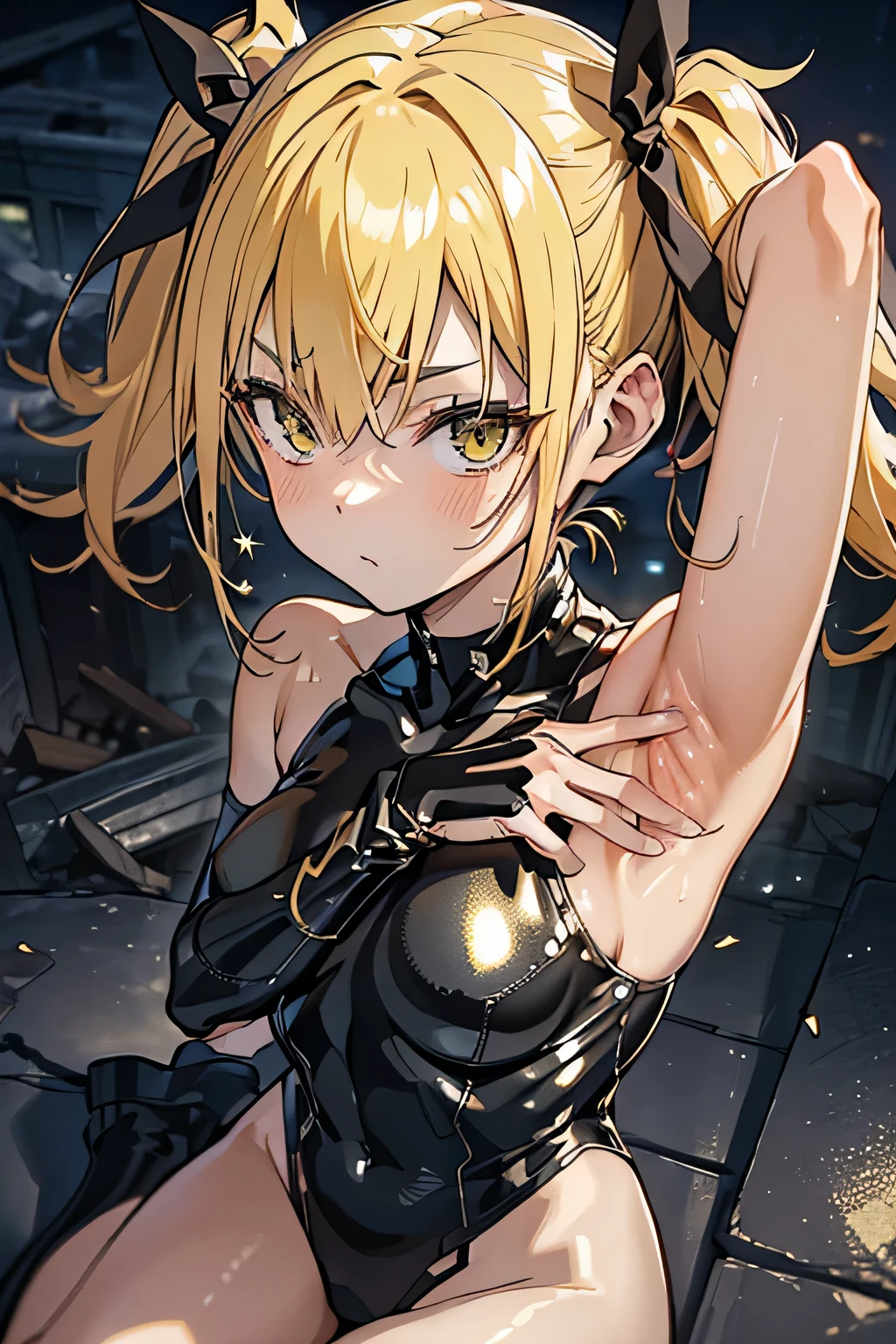 (from above:1.2),(close up head:1.2), (upper body:1.2),
(spread armpit), (armpit focus:1.3),
Black sexy lingerie,
Rubble, ruins, post-battlefield, (Sitting on rubble:1.5),
(best quality), ((masterpiece)),(details),high resolution, incredibly absurdres, sharp focus,(highly detailed CG unity 8k wallpaper),(vibrant colors),(complete anatomy),
(((very shiny skin, glitter skin, exaggerated shiny skin, illuminated skin))), betterhand, (five fingers), forehead,
1girl, Kikoru_Shinomiya, twintails, hair between eyes, bangs, blonde hair, hair ribbon, black ribbon, (Oblong face), Slender, Athletic,
jitome, blush, shy expression,