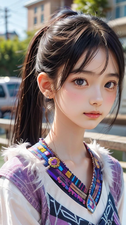 HD, 4K, 8K, Professional Photography, Regular Perspective, Sports View, Mild Sunshine, Sweet Style, ((((Colorful Character Pictures))), Clean and Neat Picture, Crystal Clear Picture Sense, (((beautiful)))), close-up of a woman with short hair, faint smile , (Colorful hair: 60), Chinese girl: , (((Black Pupil))), black pupil, Kawaii realistic portrait, upper body, upper body portrait, Waist above photo, (front face photo: 20), colorful braids, realistic hair, colorful headband, beautiful anime style, pure white background, white short sleeves, clothes on simple pattern, realistic anime art style, beautiful anime portrait, realistic art style, [stunning real face portrait, colorful]", vibrant fantasy style, cute art style, vibrant realistic colors, realistic style, beautiful girl, character as core, digital art, Realist style, live-action CG, looking at the audience.