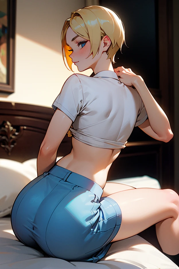 boy, slim, Cute, bright eyes, Short blond hair, in your bedroom, looks at the viewer, shy, mesh tank top, back view, ass