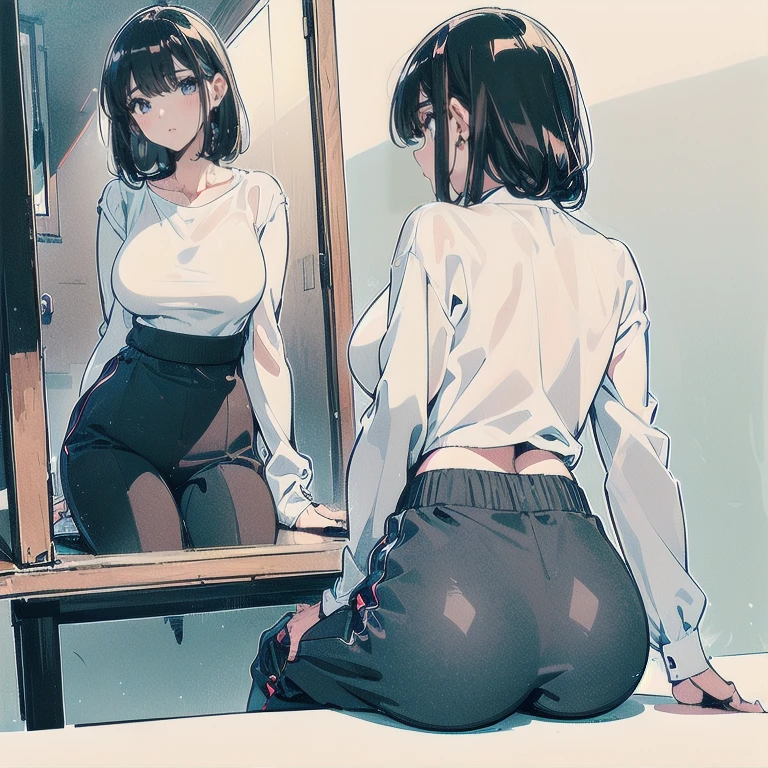 A woman dressed in a mini skirt and a top is looking at herself in the huge mirror in her room 