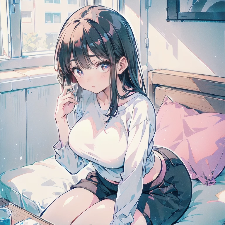 masterpiece, best quality, 1 girl, detailed beautiful face, miniskirt, squatting, toilet, (embarrassed), nsfw, spread legs, short hair, waved hair, twintail, waved mouth, , off shoulder t-shirt, show off panties, closed mouth, ((blush)), (sweat)