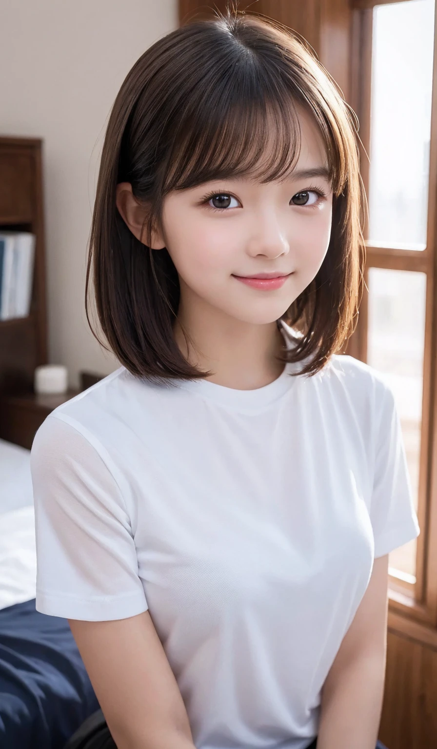 top-quality、Face Focus、softlight、(depth of fields)、超A high resolution、(Photorealsitic:1.4)、Raw photography、(portlate:1.4)、(from the front side) 1 Japan Girls、独奏、cute little、(full of shyness、A smile: 1.1)、(Brown-eyed)、detailed beautiful faces、(Shorthair)、Bedrooms、(formal clothes:1.2)