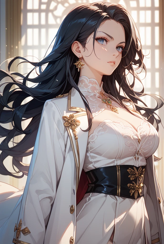 (best quality, masterpiece, ultra-detailed, extremely detailed, highres), (1girl, single, solo), 16 years old Anime girl, long raven hair, slightly wavy hair, parted bangs, open top collar, cleavages, Magus, green eyes, long black coat, white shirt, black skirt, aristocrat, noble attire, beautiful, ethereal, elegant, prestigious, classic, royal building, natural lips
