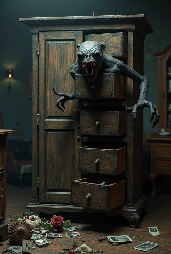 in the attic, monstrous bug, fragile limbs, facetted eyes, nightmare, intricate ornamented chitin Ash Gray armor, spooky monster, intimidating posture, drooling fangs, bedroom closet, dirty, messy, barren, old furniture, beam of light