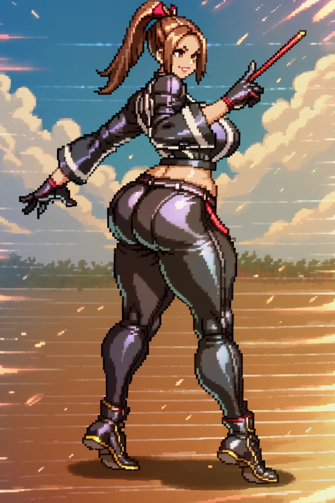 1woman, muscle body, white hair, one ponytail, perfect eyes, yellow eyes, intimidating face, warrior clothing, black and grey jumpsuit, white bandagr in the arms, black fingerless gloves, black and grey boots, big sword in the back, big breasts, big ass, dojo background