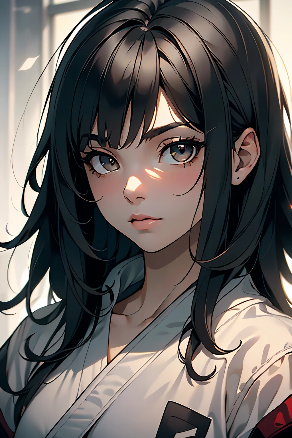 a beautiful girl, Age group s , with long black hair, Open fringe at the front , black eyes, Wearing a white karate uniform. looking at the viewer ((1.2)) (( pretty face)) (( obra-prima)) (( country house )) ((Only face))