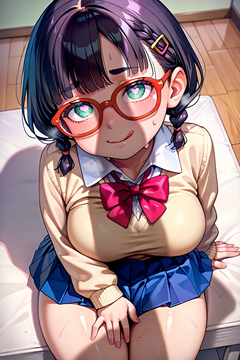 Stema Peace、hanekawa tsubasa、attack of glasses、A dark-haired、two braids、large boob、 (Black hair, Brown eyes, Round face), (nose blush, half opened eye),, [Full body shot]、eye glass、Head-to-toe shots、A dark-haired、Tying up the chest...、lifted by a rope、uncensored、uncut、20+、Ahegao、Overflowing love juice、Uncensored、