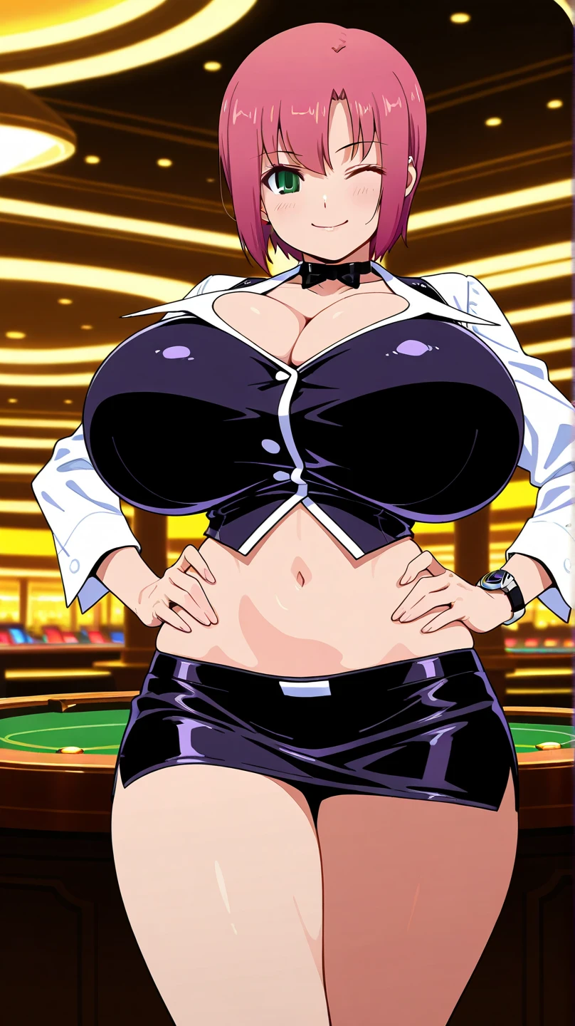 nsfw,Masterpiece、Cowboy Shot、One hand on hip、phsaber,Artoria、((Big Breasts))、(smile)、((Completely naked))、((vivid purple sexy high leg panties))、Calm expression、(((Close your mouth)))、((Inside the casino))、Shiny Skin、(Smile)、Vivid Green Eyes、Big eyes、Detailed eyes、Toned thighs、Around 30 years old、Above the knee socks、Glamorous Girl、Sexy pose、Five fingers、