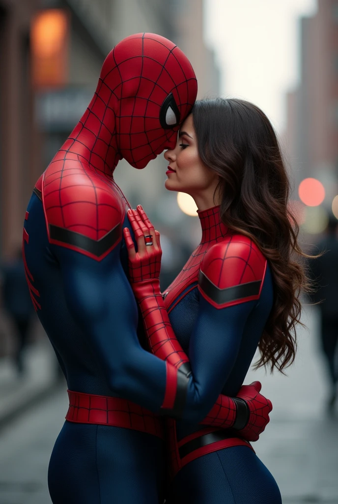 Spiderman holding the delicious with his girlfriend