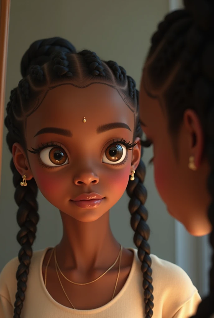 Black girl with braids looking at the mirror