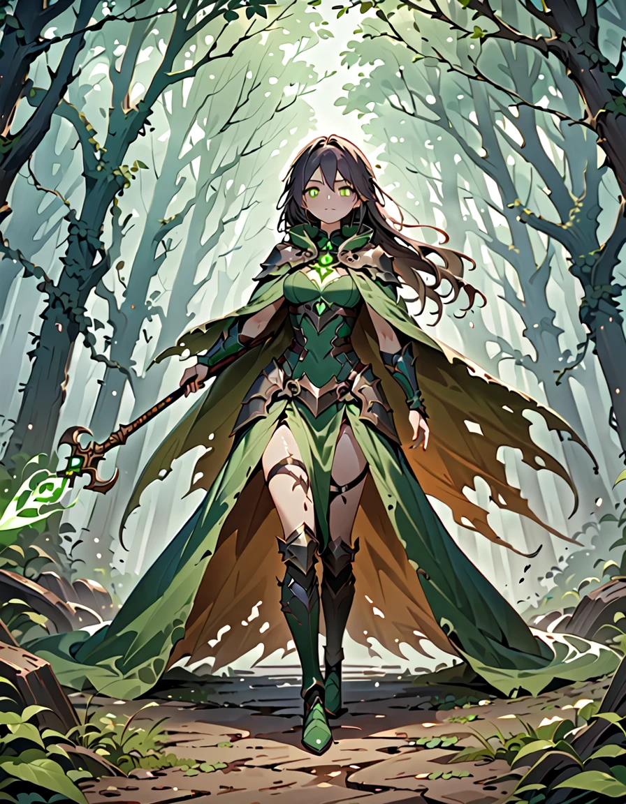 masterpiece, top quality, high resolution, perfect human structure, background focus, front view, shiny hair, brown hair, black with green sorceress outfit, fluor green spell power, earth powers, forest, full body, ultra hd