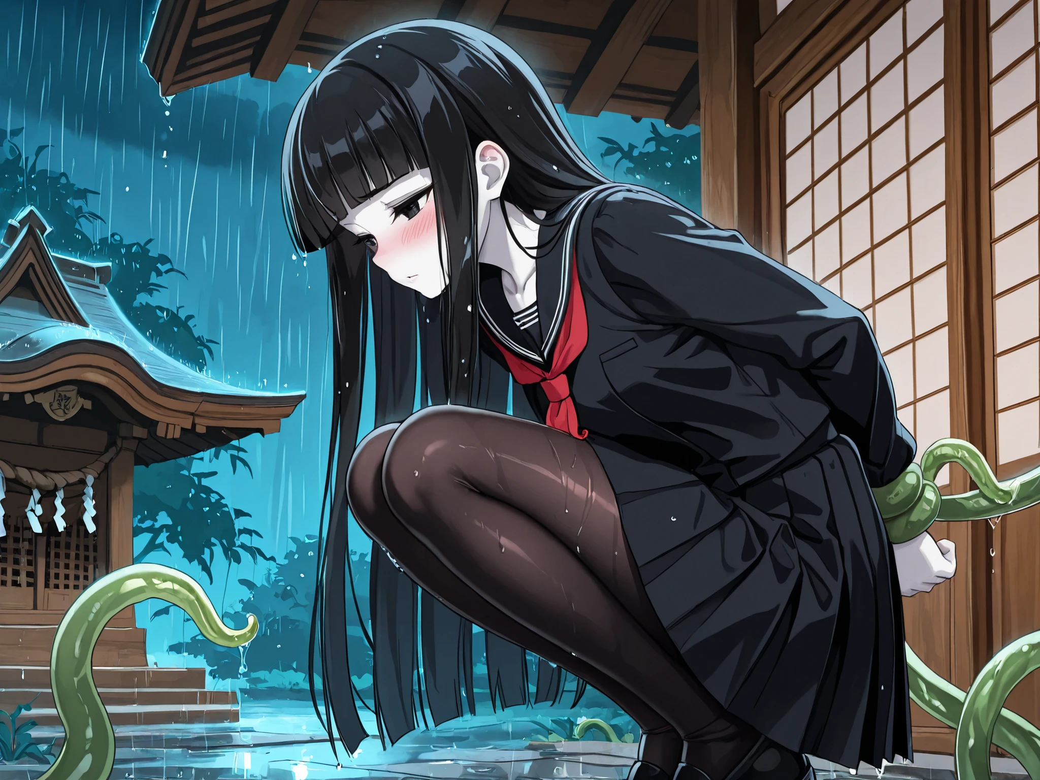 1 girl, beautiful girl,adult,18 years old,black eyes,narrow eyes,black hair, very long hair,blunt bangs,skinny,masterpiece,general,highres, ultra-detailed,very aesthetic,best quality ,best hands,best eyes,perfect anatomy,anime coloring,easynegative,black long-sleeved sailor uniform with red necktieribbon,black sailor suit, long sleeves,black pleated skirt, black tights, anime style,white skin,whole body,night,rain,wet,shrine,green tentacles,bound by tentacles,arms bound,blush,kneeing,from side