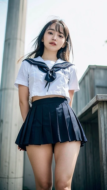 (Best Quality, 8K, 32 k, masutepiece, NFFSW (english):1.2), (Raw foto), (realisitic), (Photorealistic:1.2), (high resolucion), Ultra-detailed, extremely beautiful face & eyes, 1girll, (Lori, 14 year old:1.2), young female, round small face, thin-waist, tits huge, slim proportions, (japanese sailor school uniform, sailor fuku, serafuku, japanese school sailor uniform, darkblue pleated skirt:1.27), (From below, white thong, groin:1.24), Rooftops of the City of Dawn,