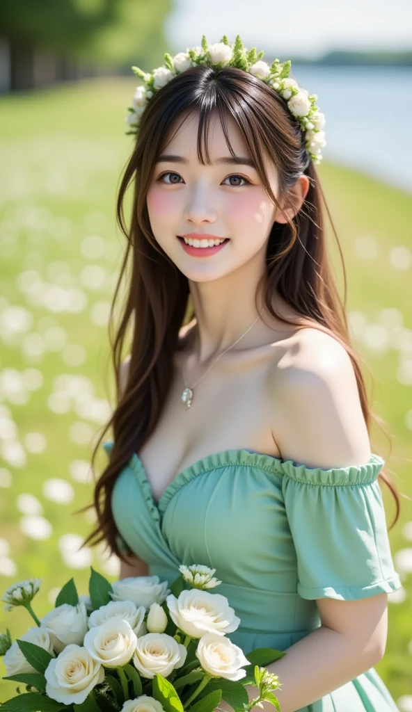 ((As a matter of fact: 1.2)), Ray Tracing, 64k, Beautiful girl 22 years old, realistic asian girl,Smooth skin, white skin((perfect slender girl)), ultra realistic, Ultra HD , ((Light green open-chested sundress)), (Floral pattern set)) , ((Very round chest)), ((Beautiful round breasts))Clear cleavage, childish figure, perfect figure. ((Romantic Look)) Many cool poses ((Wheat field)) A single tree in the Wheat field that stands in the shade ((Everywhere there is a Wheat field)) beautiful smile marks ((smile: 1.2)), ((Detailed background)), ((Costume details)), ((Detail picture)), ((Smooth skin)), ( (realistic lips)), ((smile realistic)), long black hair, movie light, film photography, High definition dressing quality, High resolution images Morning light quality The air is densely foggy. The weather is cool. The weather is calm. The shortest skirt The shortest skirt