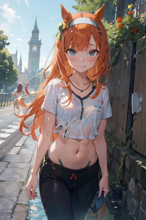 nsfw, masterpiece, 1 girl, topless, intricately detailed, navel, necklace, orange hair, jogging pants, smiling, extremely detailed, photorealistic, octane render, 8 k, unreal engine., bare breasts, bare stomach, sweaty, beautiful face, small breasts, flat chest, silence suzuka \(umamusume\), park, horse ear, horse tail, bare shoulders, nipples, holding water bottle, nude