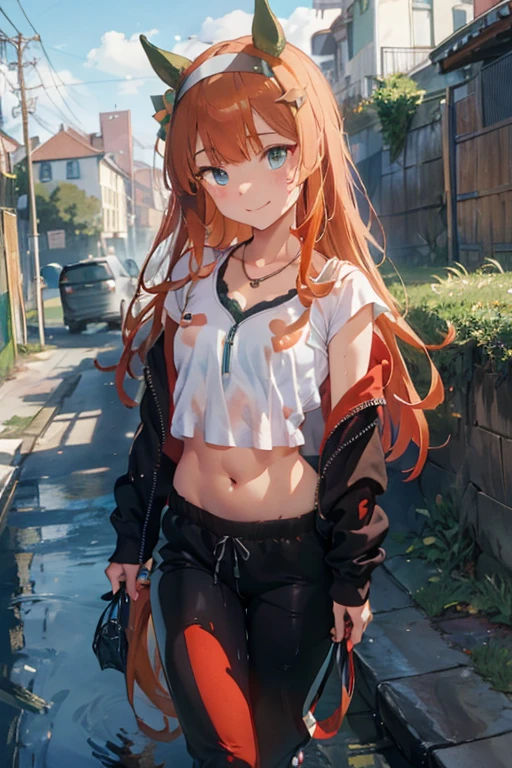 Marie Iraqi、Good looking girl (blush, Perfect Face), independent , Looking at the camera, masterpiece, Anime art style, Cute Characters, Most detailed, high quality、Nico Nico Smile、Cat ear、Orange Hair、ta、Small breasts、Running outside、sweating、White short-sleeved gym clothes、Bloomers
