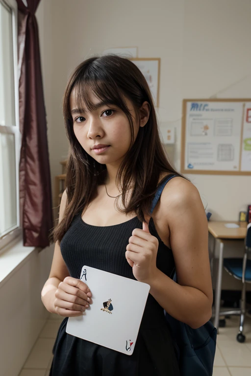 (in 8K, Raw photo, Best Quality, masutepiece:1.2), (Realistic, Photorealsitic:1.37), Best Quality, 超A high resolution、Natural lighting, Smooth skin, (Beautiful detailed eyes、realisticeyes:1),(beautifull detailed face:1)、delicate and beautiful face, NSFW、a 18 year old girl、hi-school girl、huge tit、Plump、light brown hair、middle hair、single hair bun、Voluminous straight hair、sobbing、fullnude、toppless、no brassiere、Navy blue pleated mini skirt、witheout panties、loafers、(sign around neck:1.8)、(squatting,open legs)、(pussy)、pubic hair、pussy Juice、pussy focus, panty shot, erect nipples、arms behind back、arms behind head、school、classroom、crouching on desk、from below