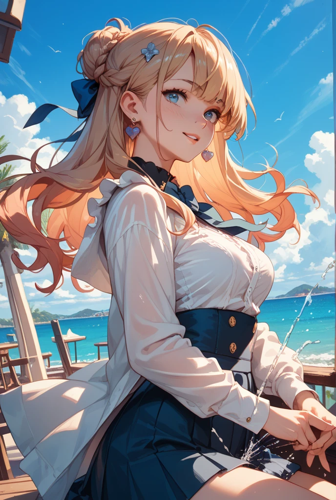 <lora:junko-enoshima-lora-3-10:1>, junko enoshima, blonde long hair, 1girl, twintails, solo, blue eyes, large breasts, bangs, bear hair ornament, nail polish, red nails, red bow, black shirt, underwear, choker, black bra, cleavage, collarbone, sleeves rolled up, white necktie, pleated plaid red skirt, school uniform, black cross-laced knee boots, shiny, shiny hair, beautiful landscape, nature landscape, side view, hand on railing, looking at viewer, smile, open mouth, closed eyes, landscape, good hands, beautiful hands, five fingers