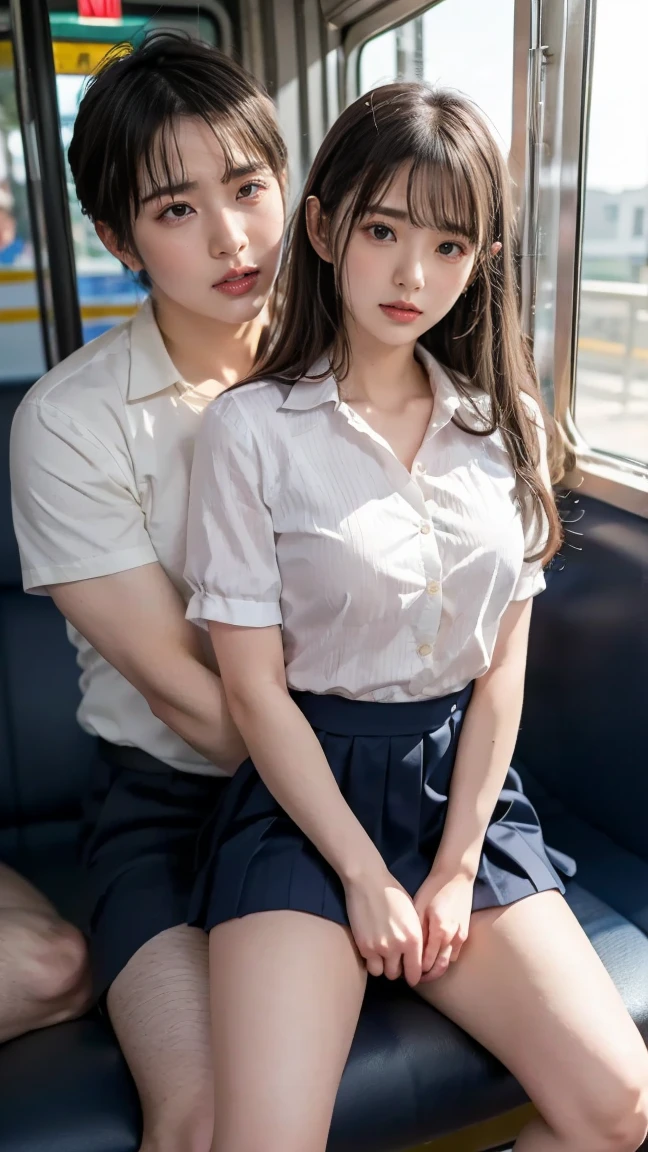 (((1 man and 1 girl:1.8))), (((Leaning forward:1.8, A man touches a girl's crotch from behind:1.8, hetero:1.8))), ((((Eyes closed:1.8, Open mouth:1.8)))), (((Dressing:3.0, shool uniform:1.8))), (((in the bus:1.8))), 18year old, 7headed body, Ideal ratio body proportions, erectile nipple, small tits, A slender, Small buttocks, beauty legs, Skinny Legs, surrealism, Cinematic lighting, depth of fields, One-person viewpoint, F/1.8, 135 mm, nffsw, masutepiece, ccurate, Anatomically correct, Textured skin, Super Detail, high details, High quality, awardwinning, Best Quality, hight resolution, 8K
