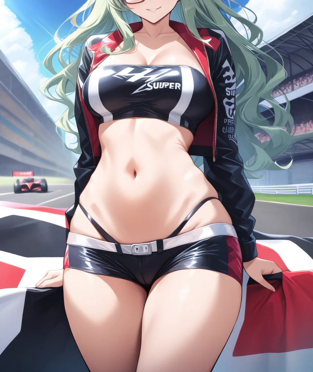 1 female,black hair,25 years old,(((Shiny race queen uniform with exposed belly button)))(((blush、open mouth smile)),(((straight hair))),,,(wet with sweat)(leather thigh high boots)(((beautiful breasts)))