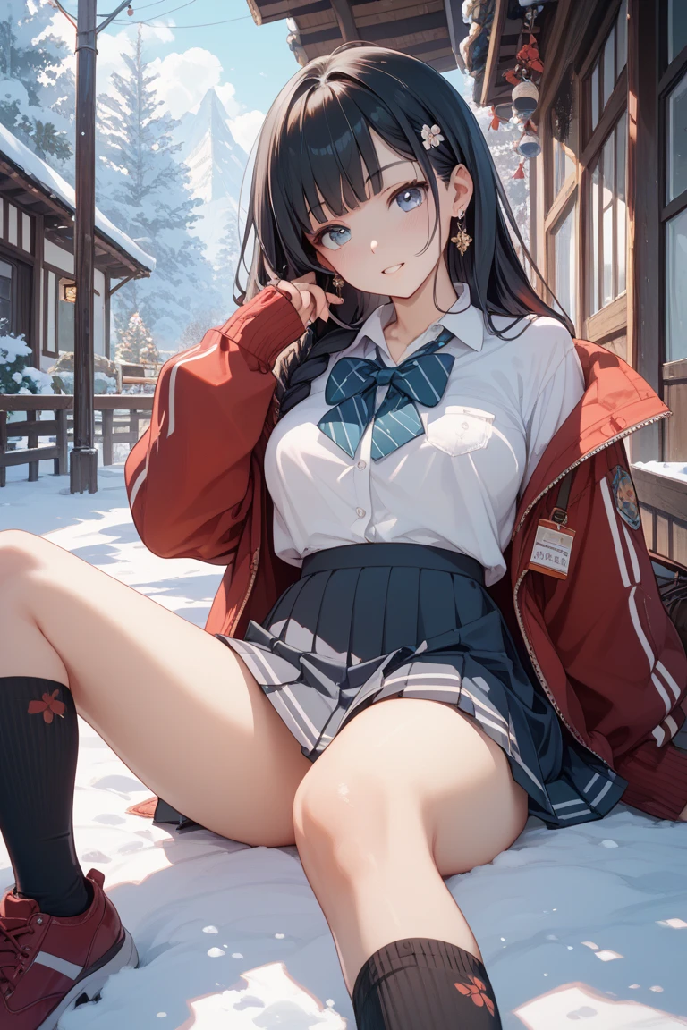 (Best quality, 8k, 32k, Masterpiece, UHD,:1.2),RAW, 1girl,ultra cute , natural lighting,transparent shining eyes, 20yo ,fair complexion, ((school uniform)), sitting on stairs, Closeup shot, wedgie, bending knees, show off panties, From front and Below, shy smiling, long straight hair, in winter, falling snow, Closing legs, long sleeve cardigan