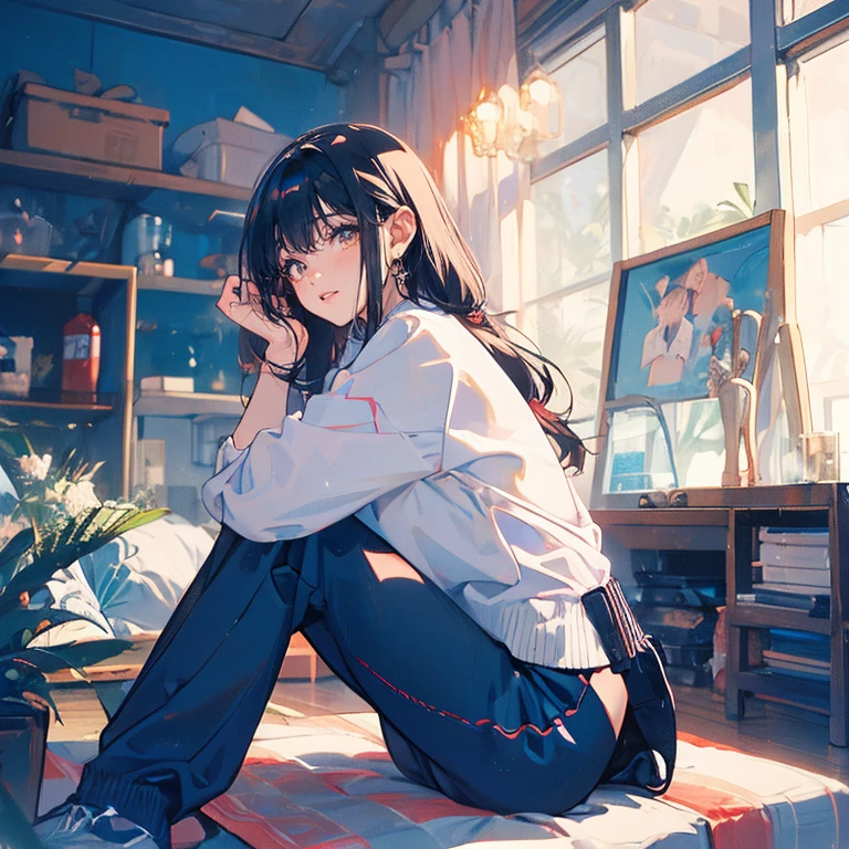 Emotional Messy room Sitting with legs crossed girl Are crying night anime An illustration animeーション City Pop