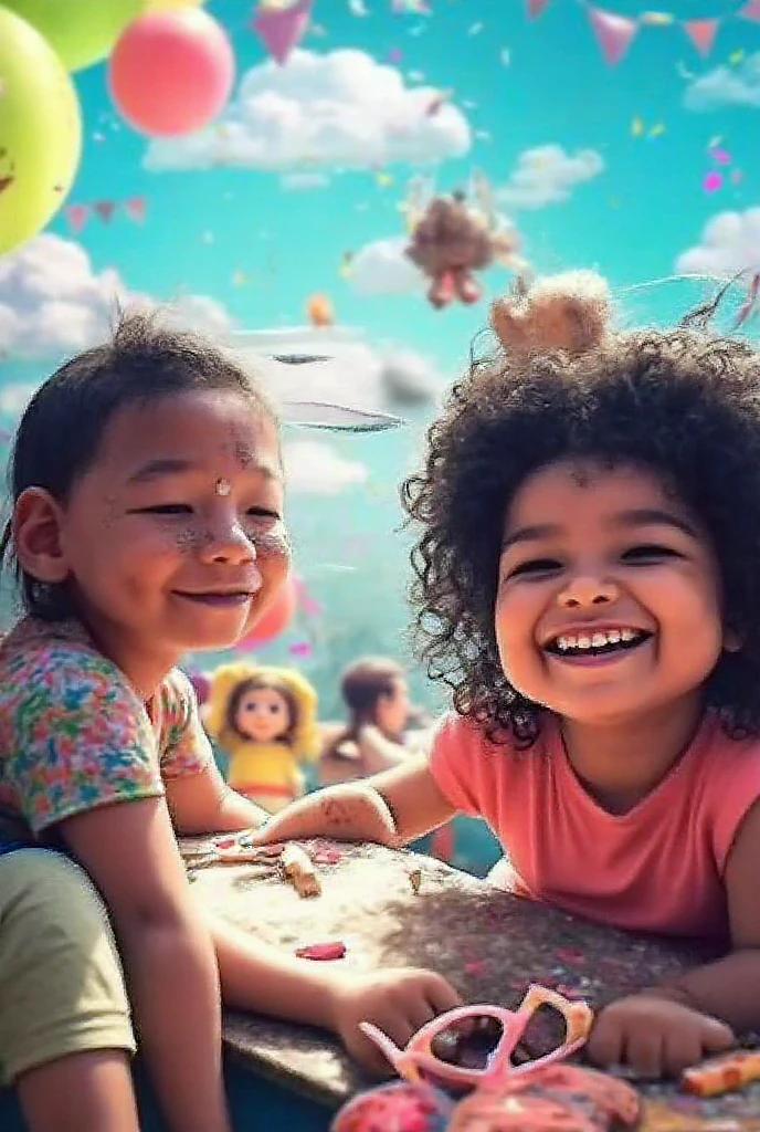 Add curly hair to children. The scene must be filled with mysterious and magical elements, Like enchanted trees, fairies and fantastic creatures.